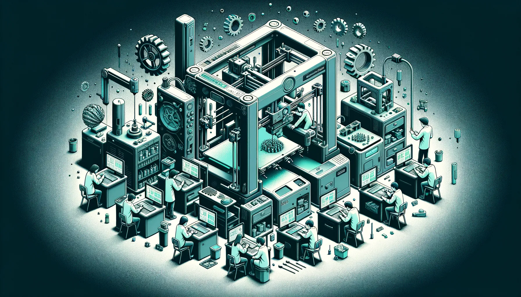 Diverse students operating sleek 3D printers in dark-toned classroom, teal highlights innovation.