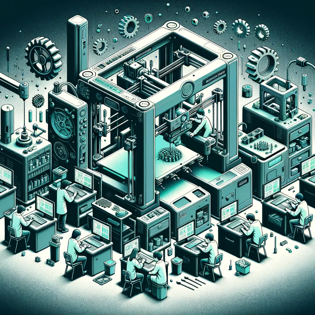 Diverse students operating sleek 3D printers in dark-toned classroom, teal highlights innovation.