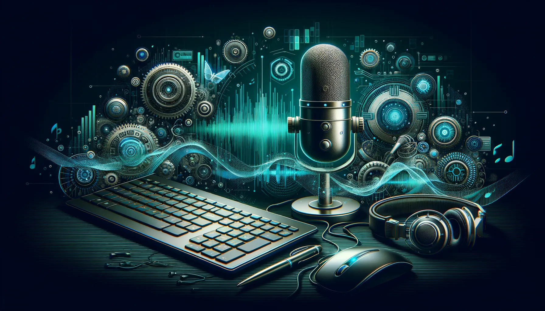 Artistic digital image of speech recognition technology with microphones, sound waves, and computer screens.