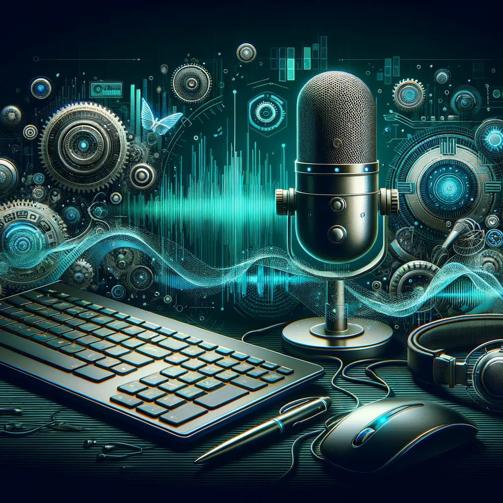 Artistic digital image of speech recognition technology with microphones, sound waves, and computer screens.