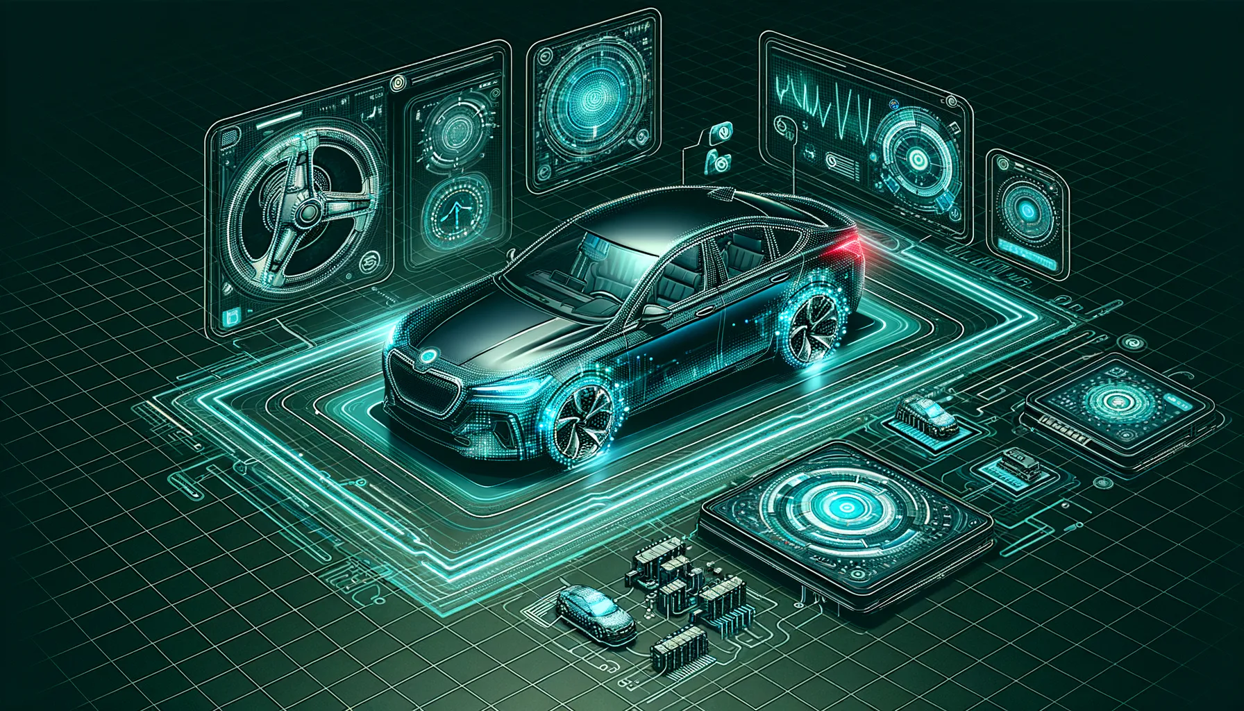 High-tech teal vehicle dashboard showing real-time tracking of stats.