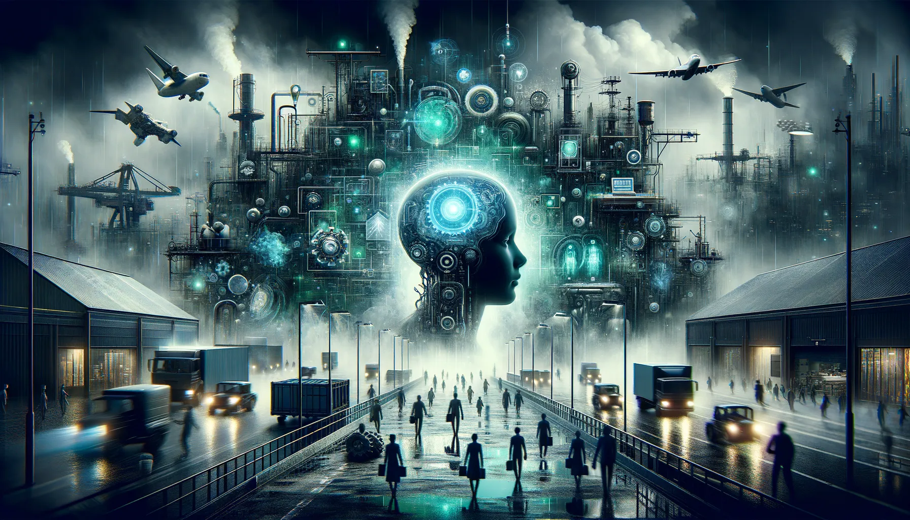 AI transforming industries in dark, mysterious scene with light teal accents.