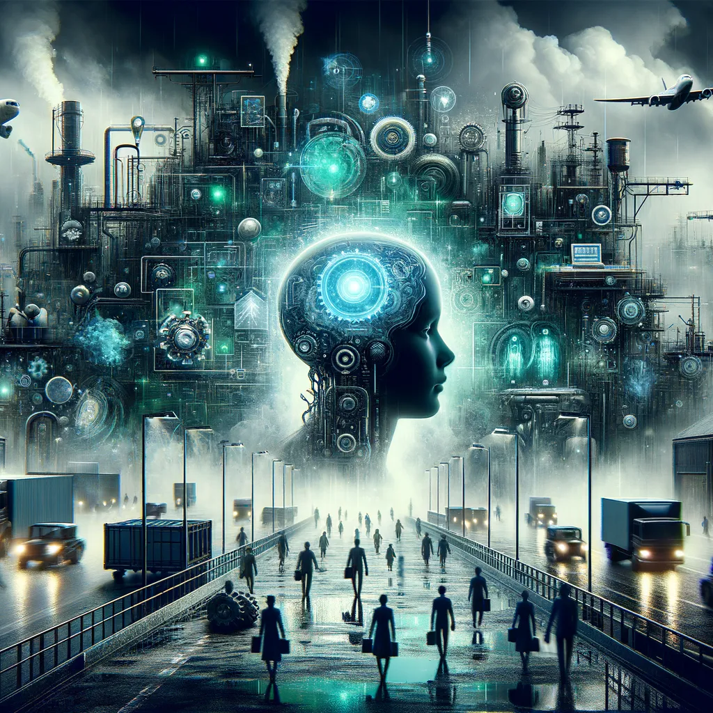 AI transforming industries in dark, mysterious scene with light teal accents.