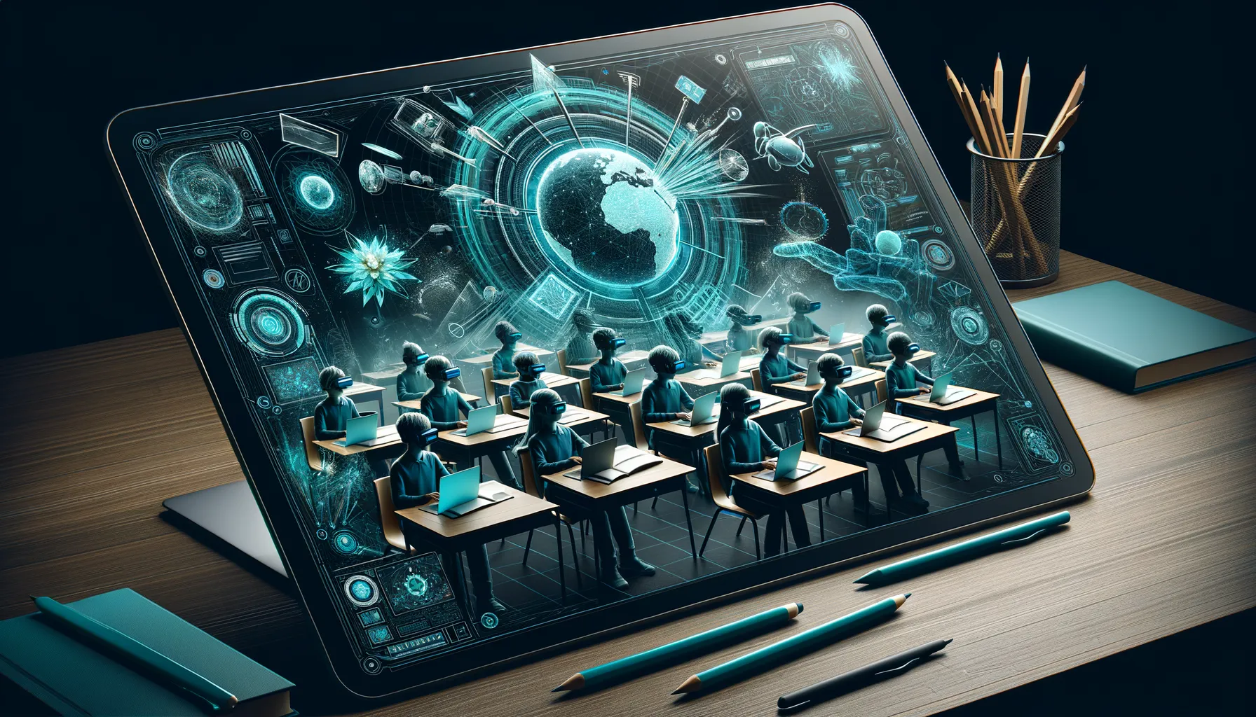 Dark classroom banner: students using AR/VR, holograms, touchscreens; teal highlights signify progressive education.