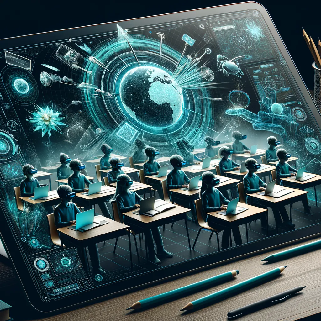 Dark classroom banner: students using AR/VR, holograms, touchscreens; teal highlights signify progressive education.