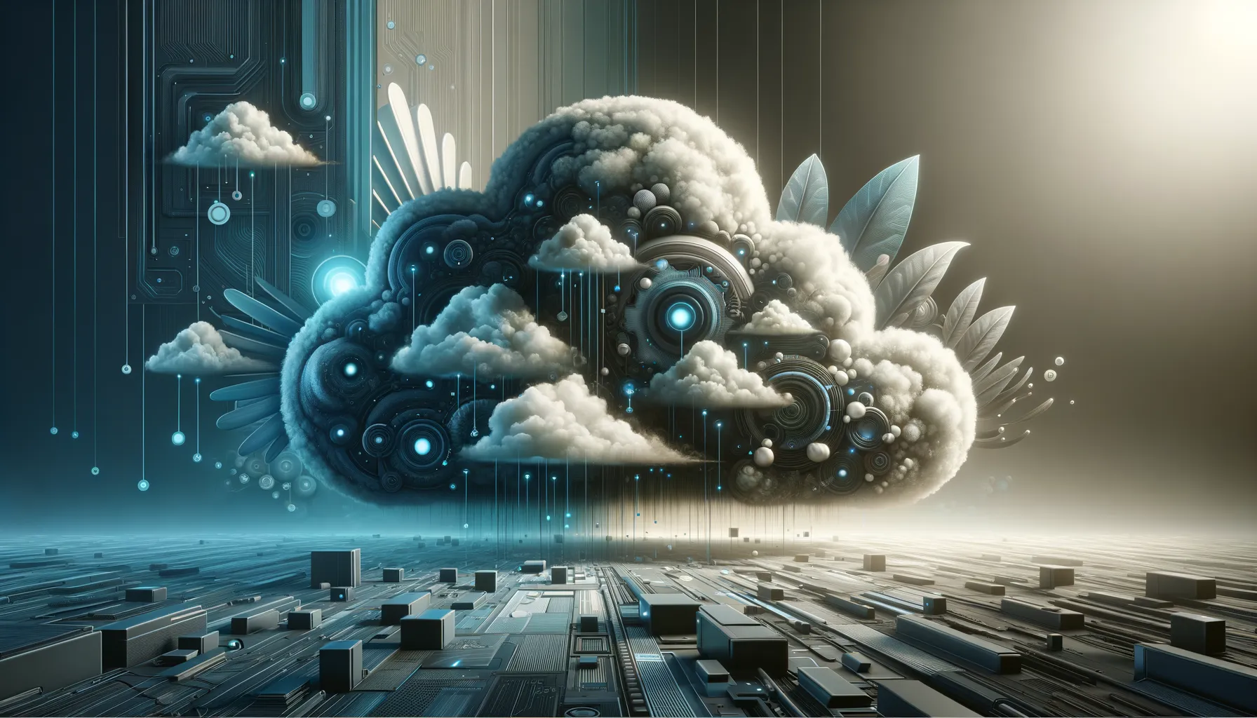 Digital art banner showing benefits of cloud automation with dark and teal technology elements.