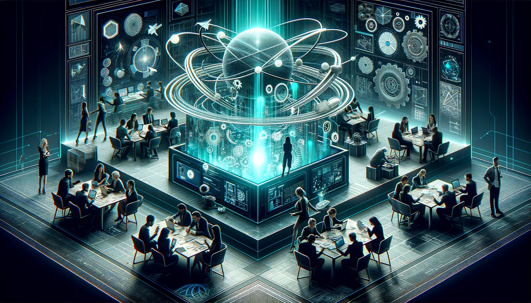 Futuristic tech-themed digital art showcasing diverse individuals in brainstorming session with advanced tools.