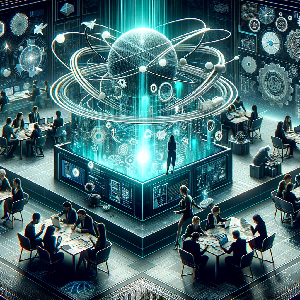 Futuristic tech-themed digital art showcasing diverse individuals in brainstorming session with advanced tools.