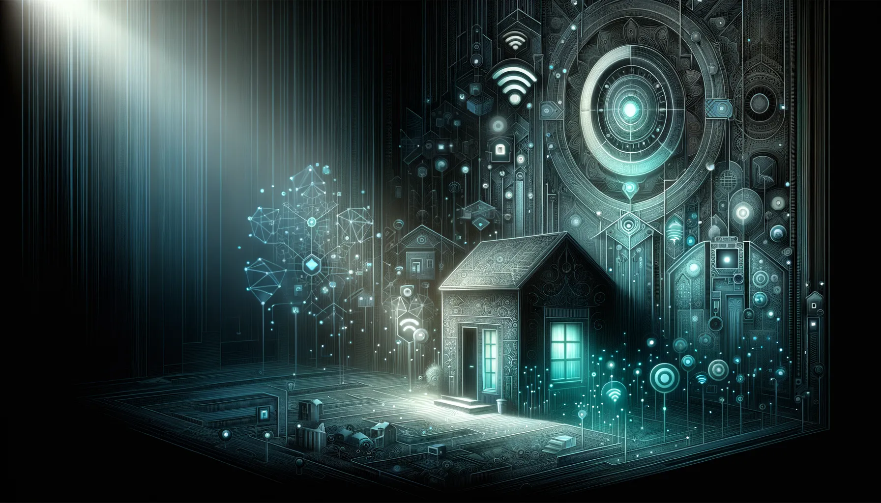 Mysterious digital art showcasing wireless tech advantages with teal accents and advanced technology symbols.