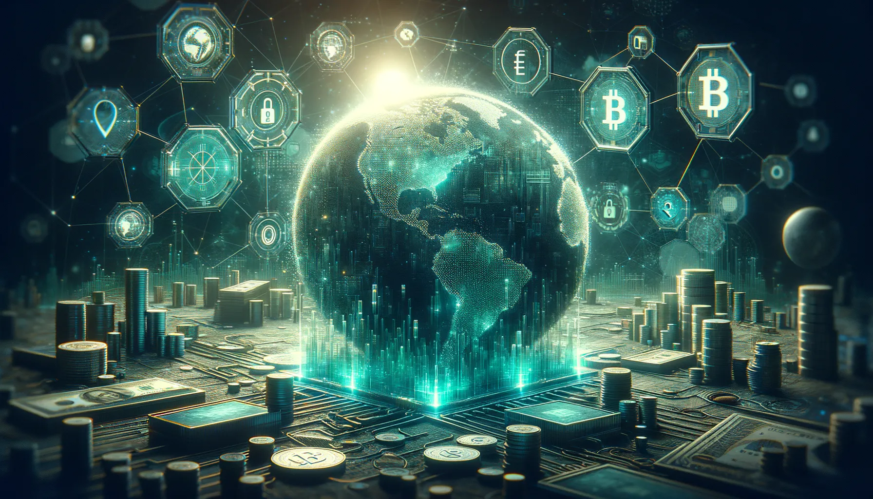 Detailed digital illustration exploring blockchain's impact on finance, with dark atmosphere and teal accents.