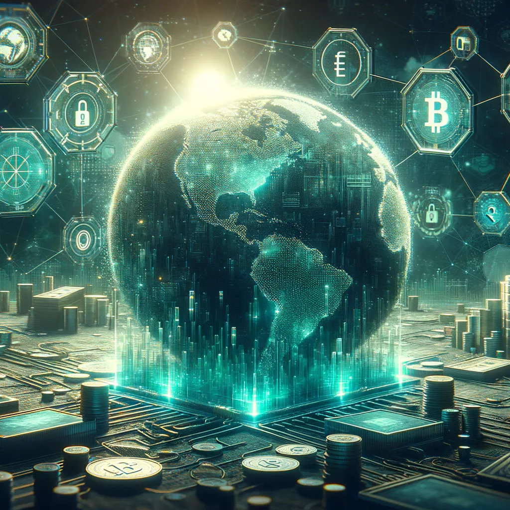 Detailed digital illustration exploring blockchain's impact on finance, with dark atmosphere and teal accents.