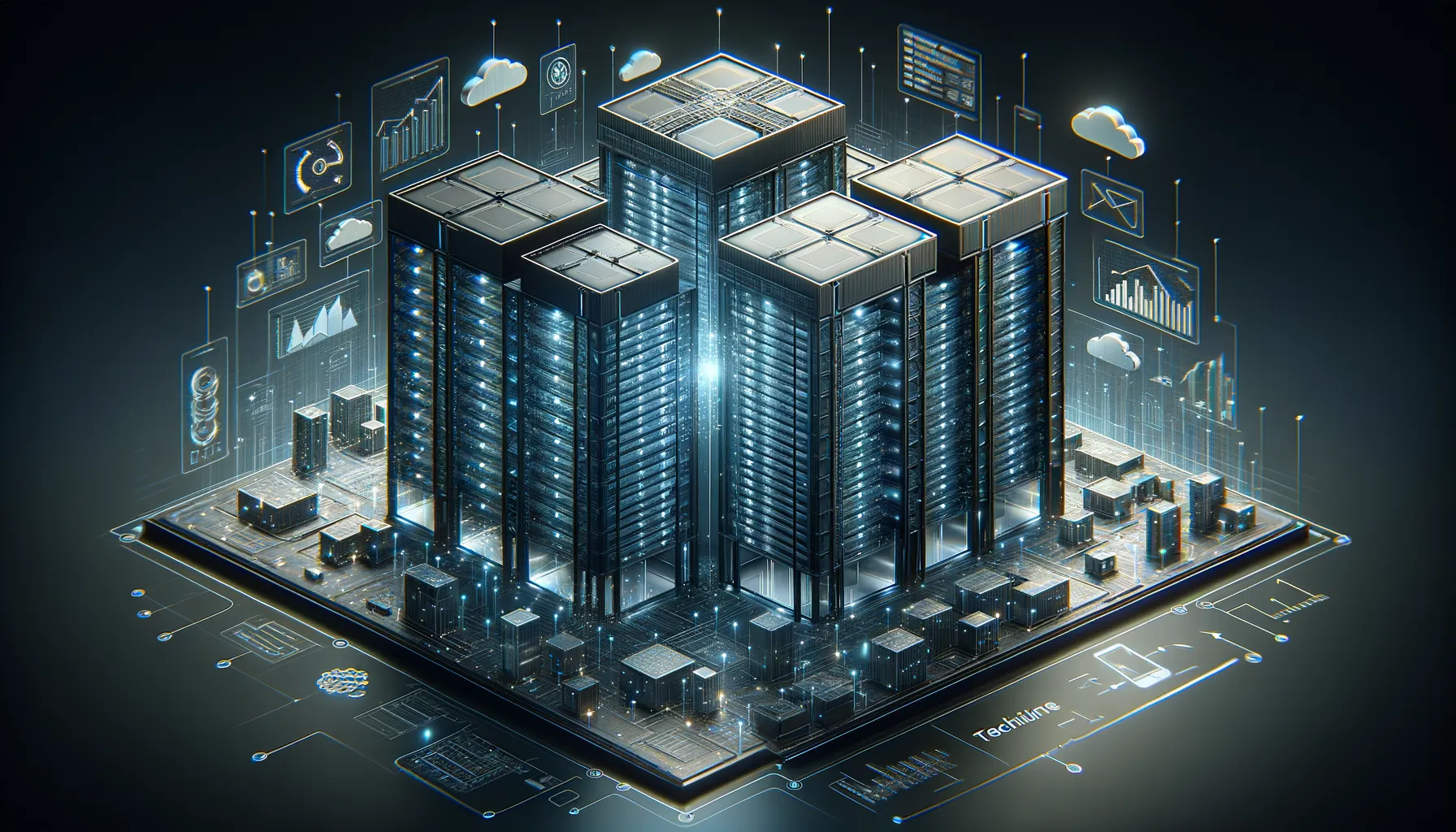 Dark, teal-accented data warehouse construction, symbolizing technology and the pursuit of business insights.