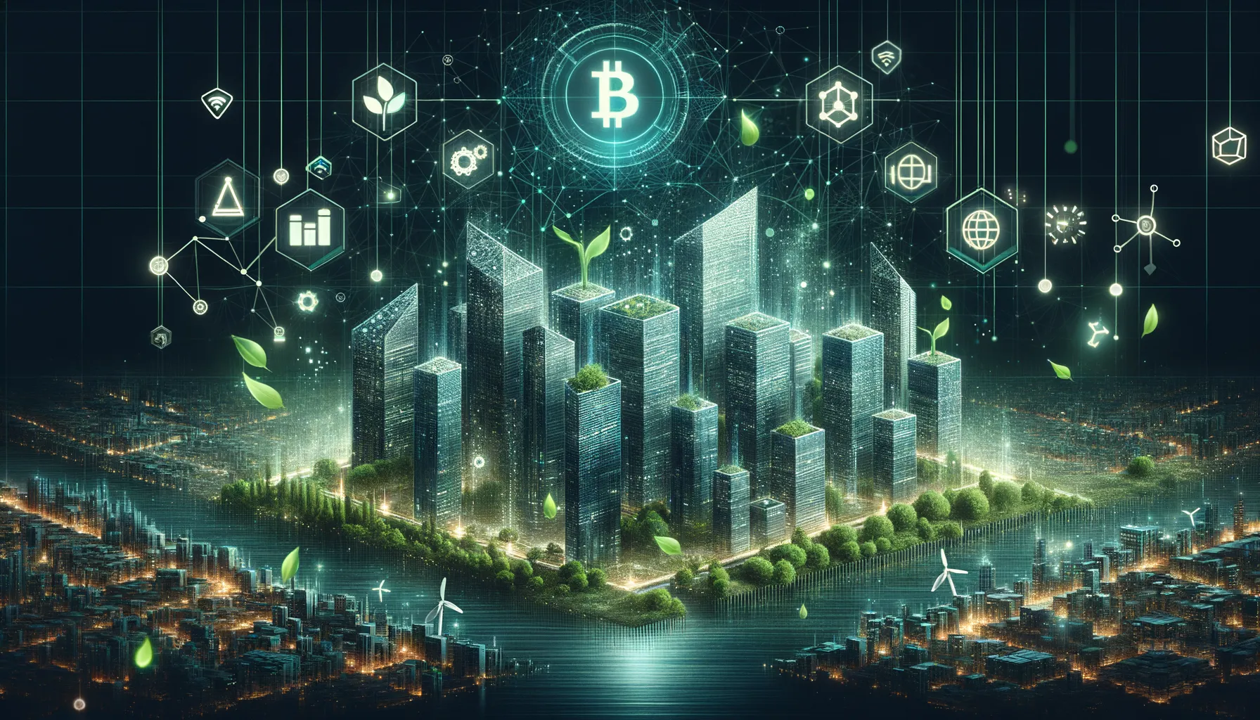 Dark teal banner: eco-futuristic city, blockchain code streams, sustainability icons, complex network.