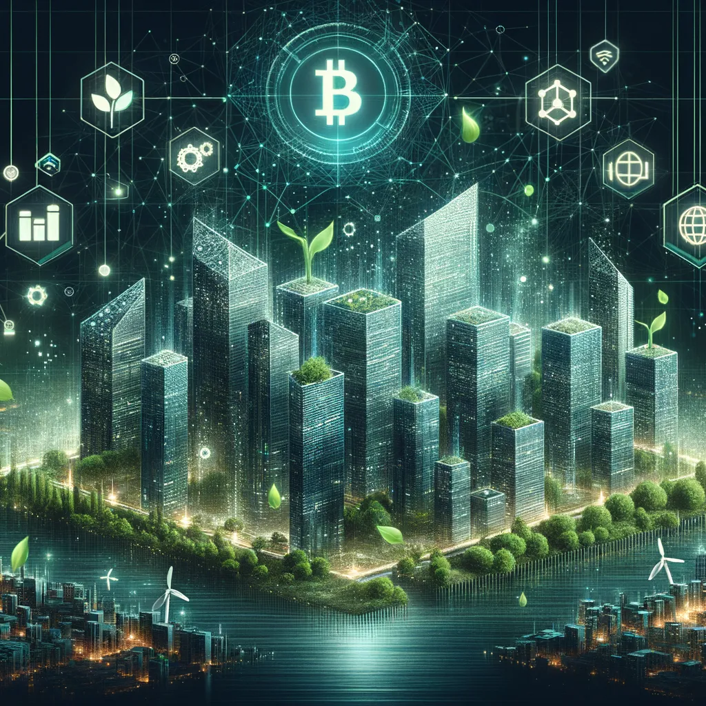 Dark teal banner: eco-futuristic city, blockchain code streams, sustainability icons, complex network.