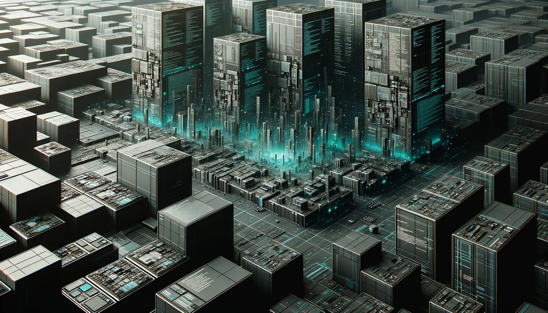 Photorealistic dark banner; teal-lit code and abstract grids depict innovative responsive web design.