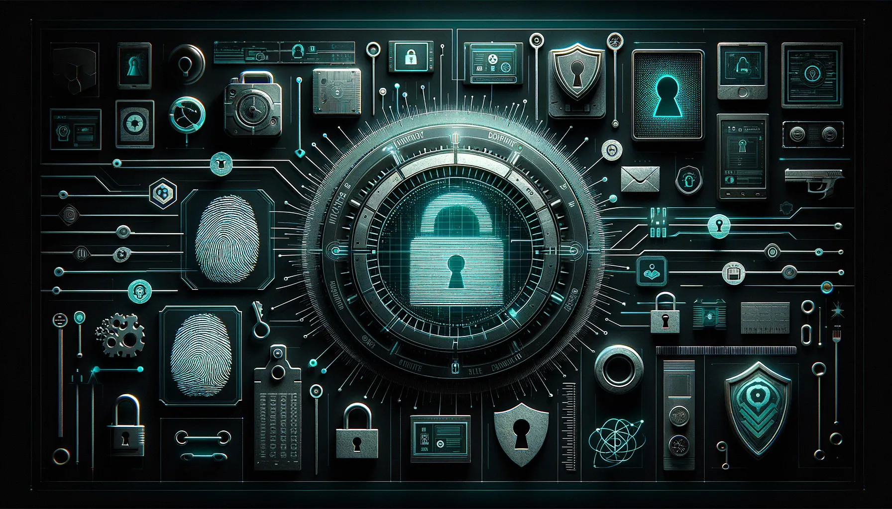 Dark tech banner: padlocks, fingerprint scanner, teal glow; subtle curtains evoke trustworthy data privacy.