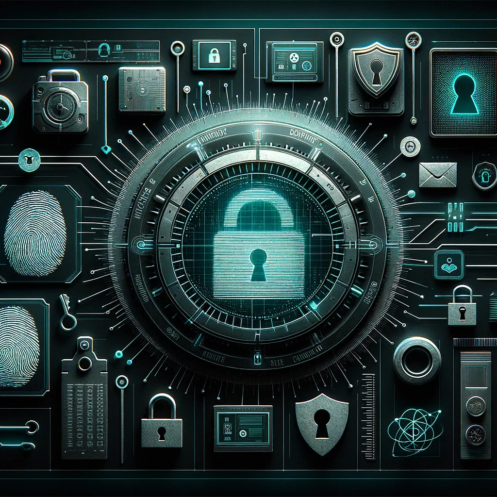 Dark tech banner: padlocks, fingerprint scanner, teal glow; subtle curtains evoke trustworthy data privacy.