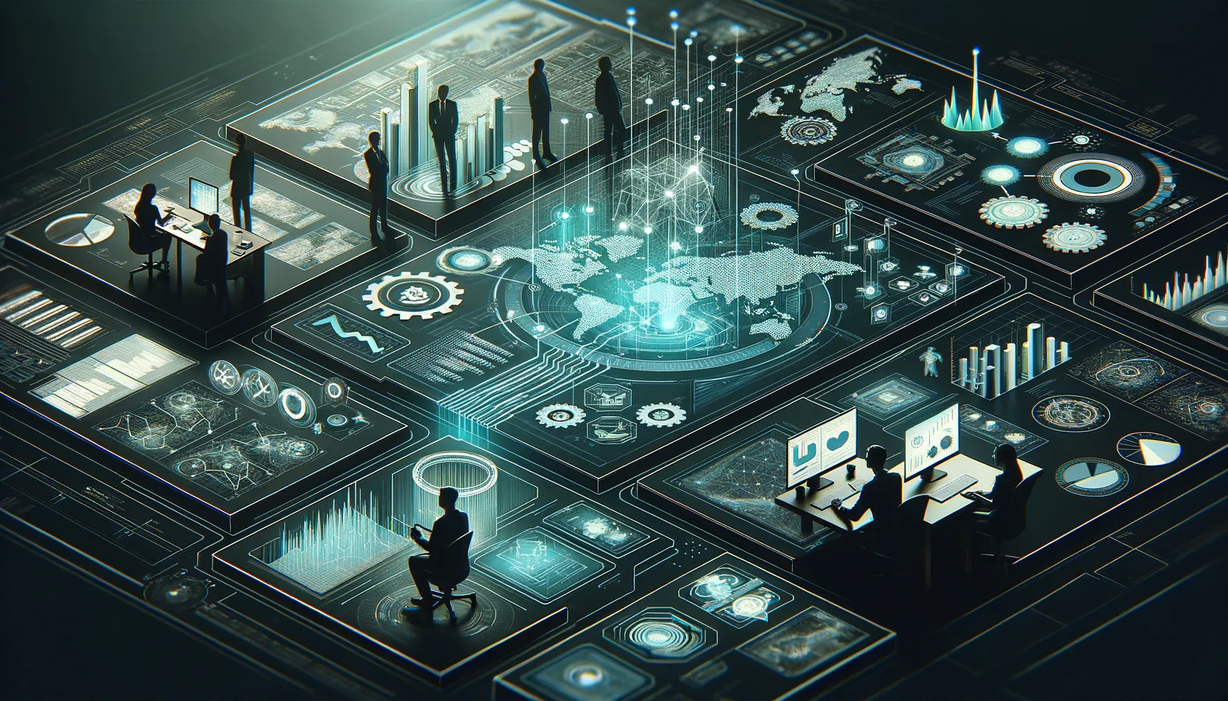 Dark BI strategy banner: dashboards, analysts planning, teal-accented data flows, tech-driven decision-making.