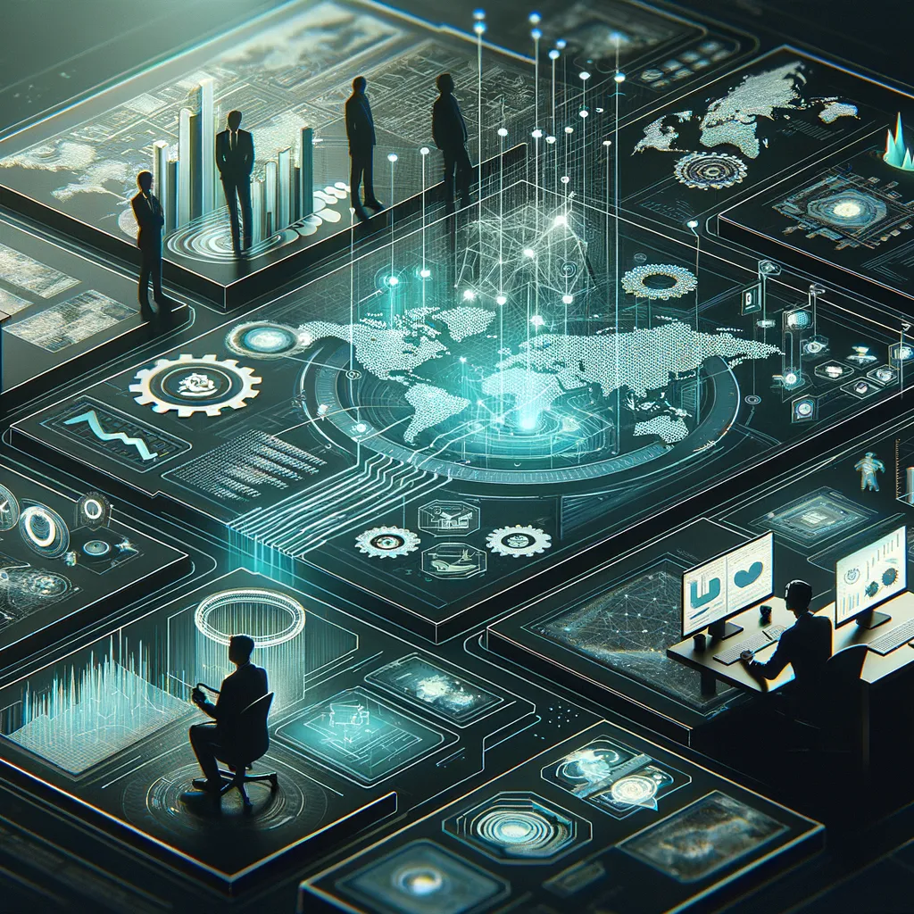 Dark BI strategy banner: dashboards, analysts planning, teal-accented data flows, tech-driven decision-making.