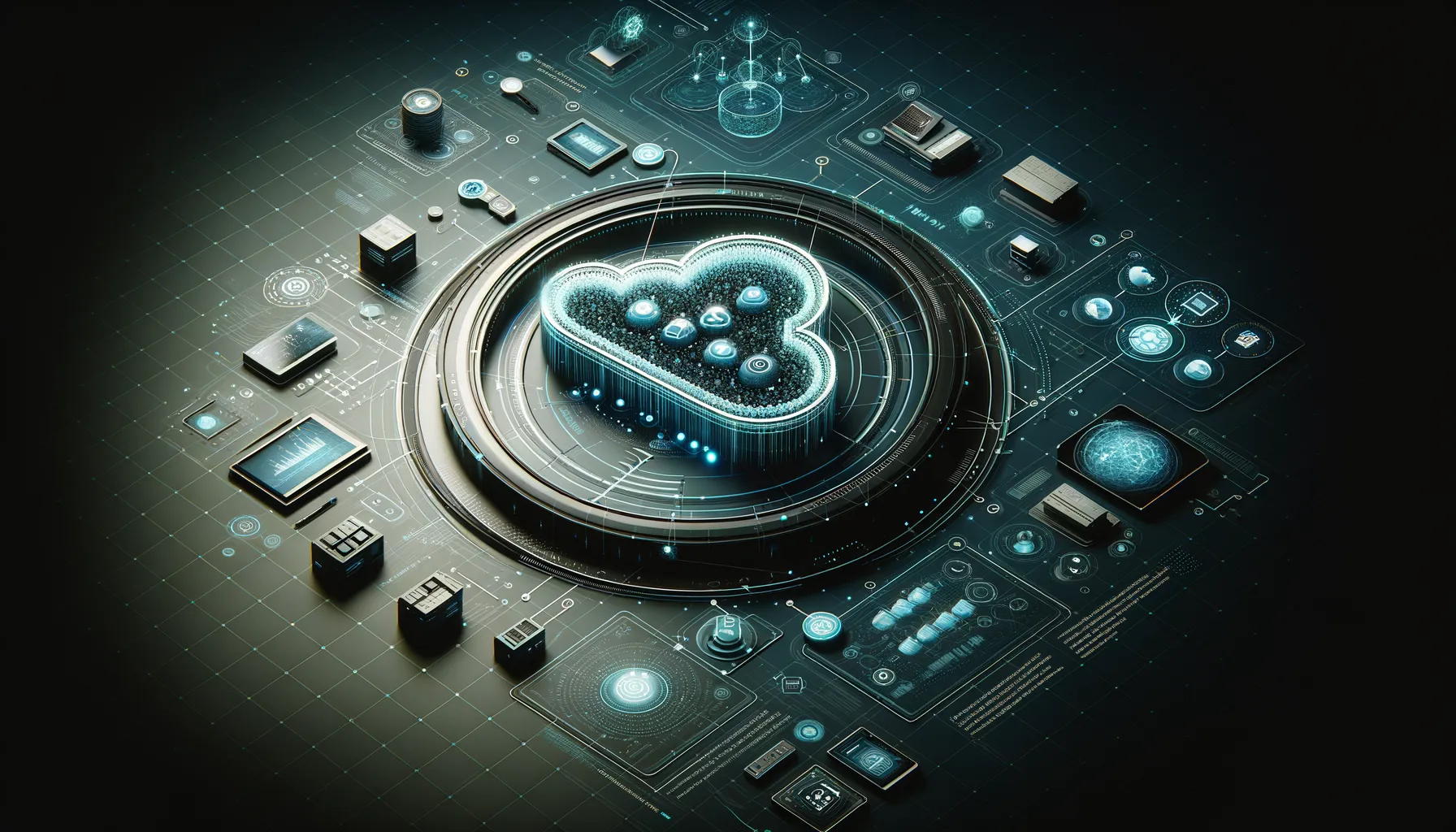 Dark, teal-accented small business office with ambiguous cloud computing and storage elements.