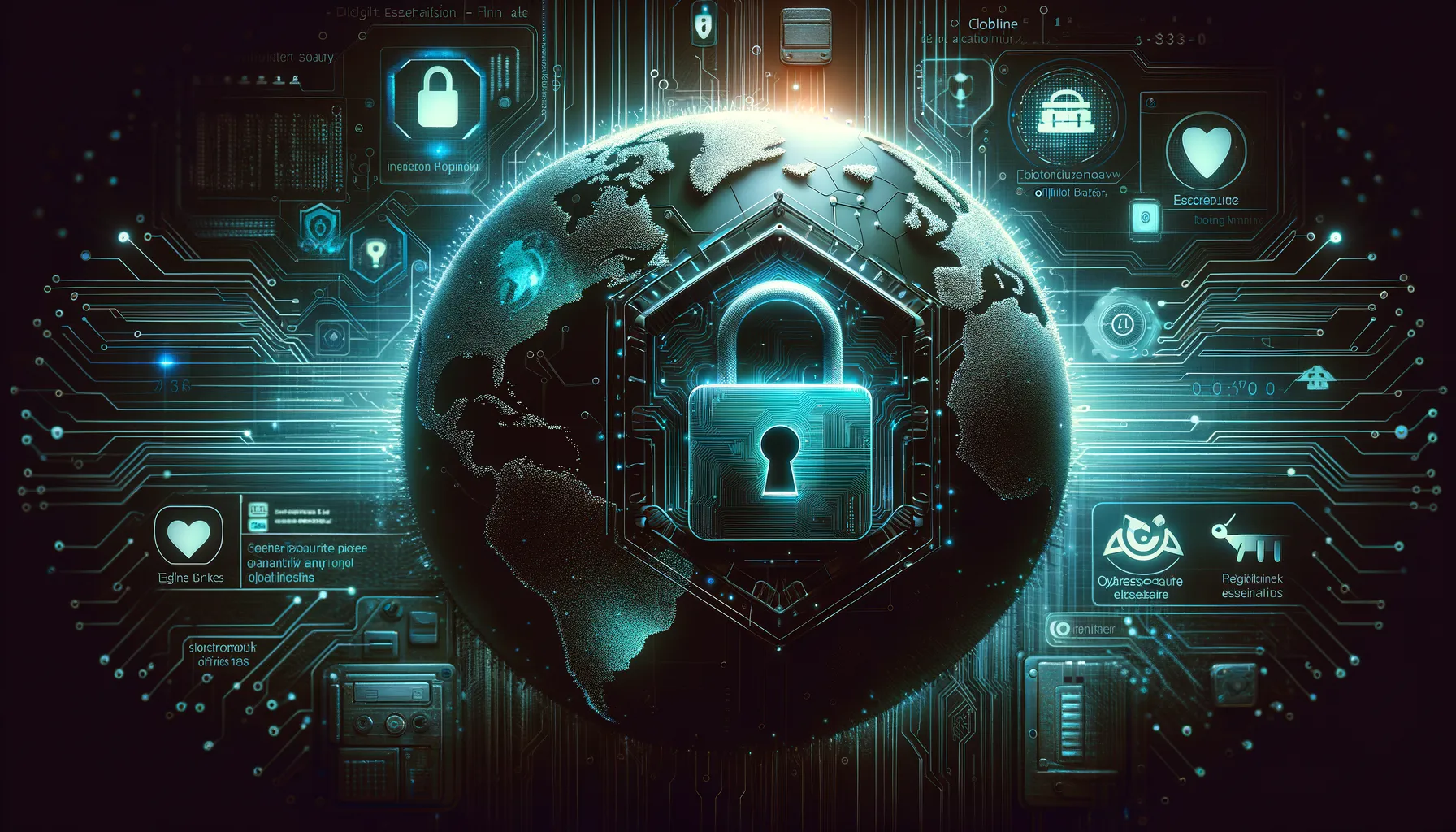 Dark tech banner: teal-accented locks, circuits, holographic shields highlight cybersecurity essentials for online businesses.