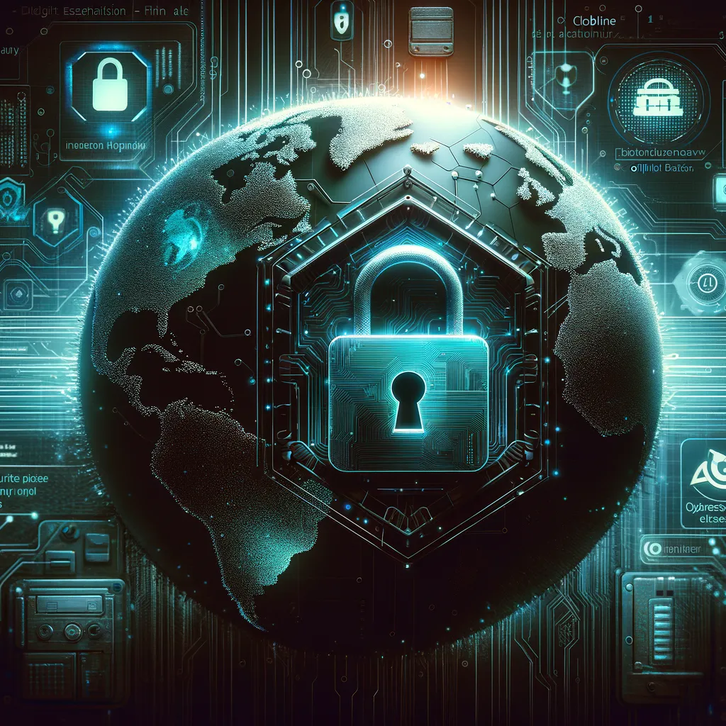 Dark tech banner: teal-accented locks, circuits, holographic shields highlight cybersecurity essentials for online businesses.