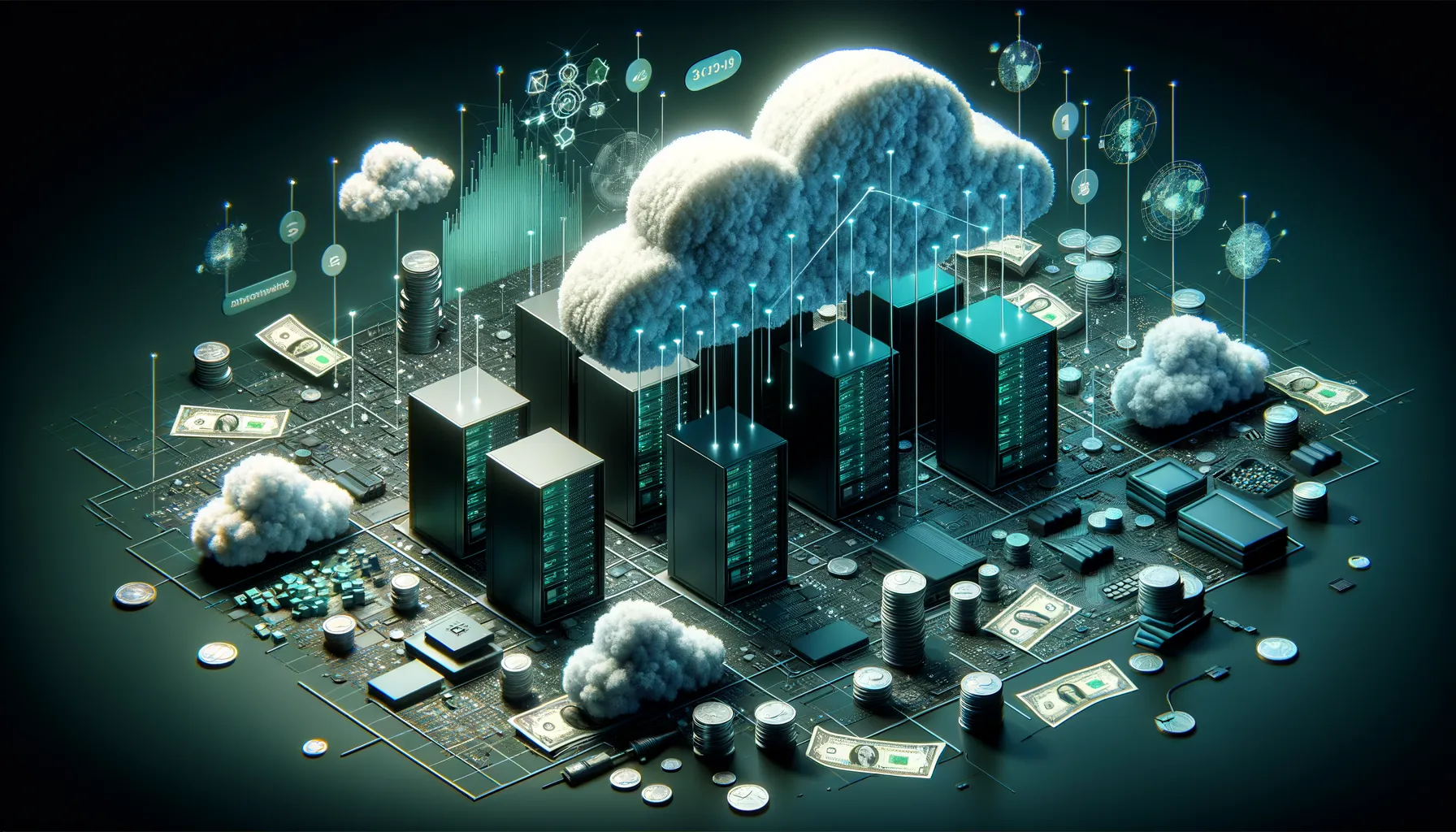 Dark banner: servers amid clouds, teal network diagrams, coins/banknotes symbolizing cloud computing costs.