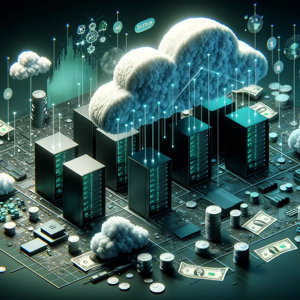 Dark banner: servers amid clouds, teal network diagrams, coins/banknotes symbolizing cloud computing costs.
