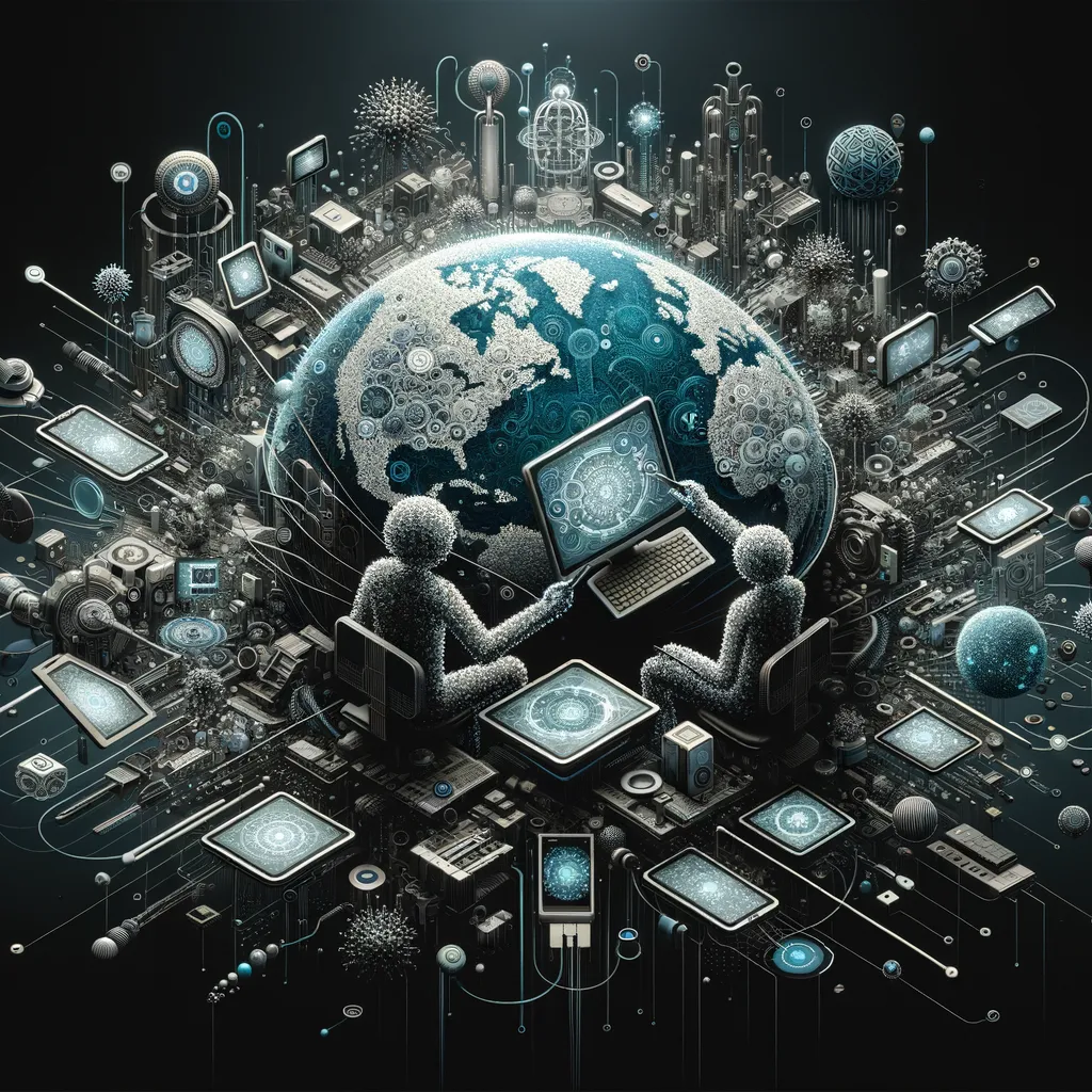Dark scene: diverse users engaging with assistive technologies and teal-accented, inclusive digital interfaces.