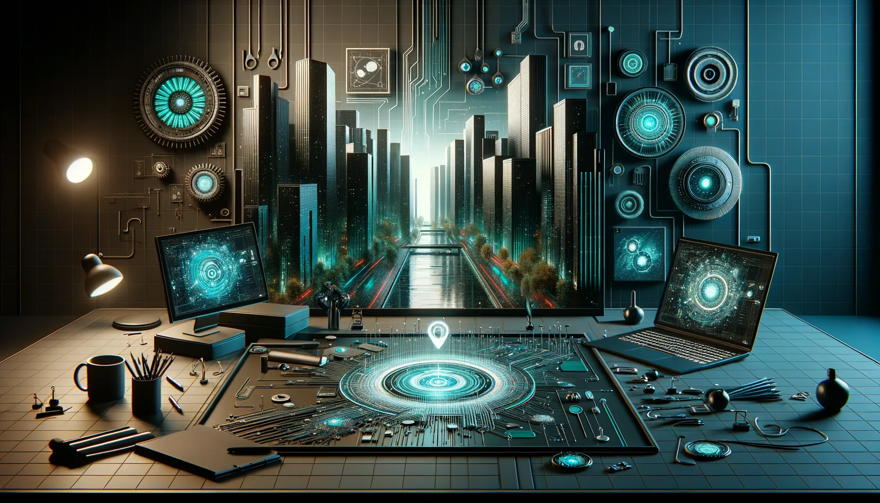 Dark photorealistic workspace gleams teal; diverse users interact seamlessly with accessible, inclusive technology.