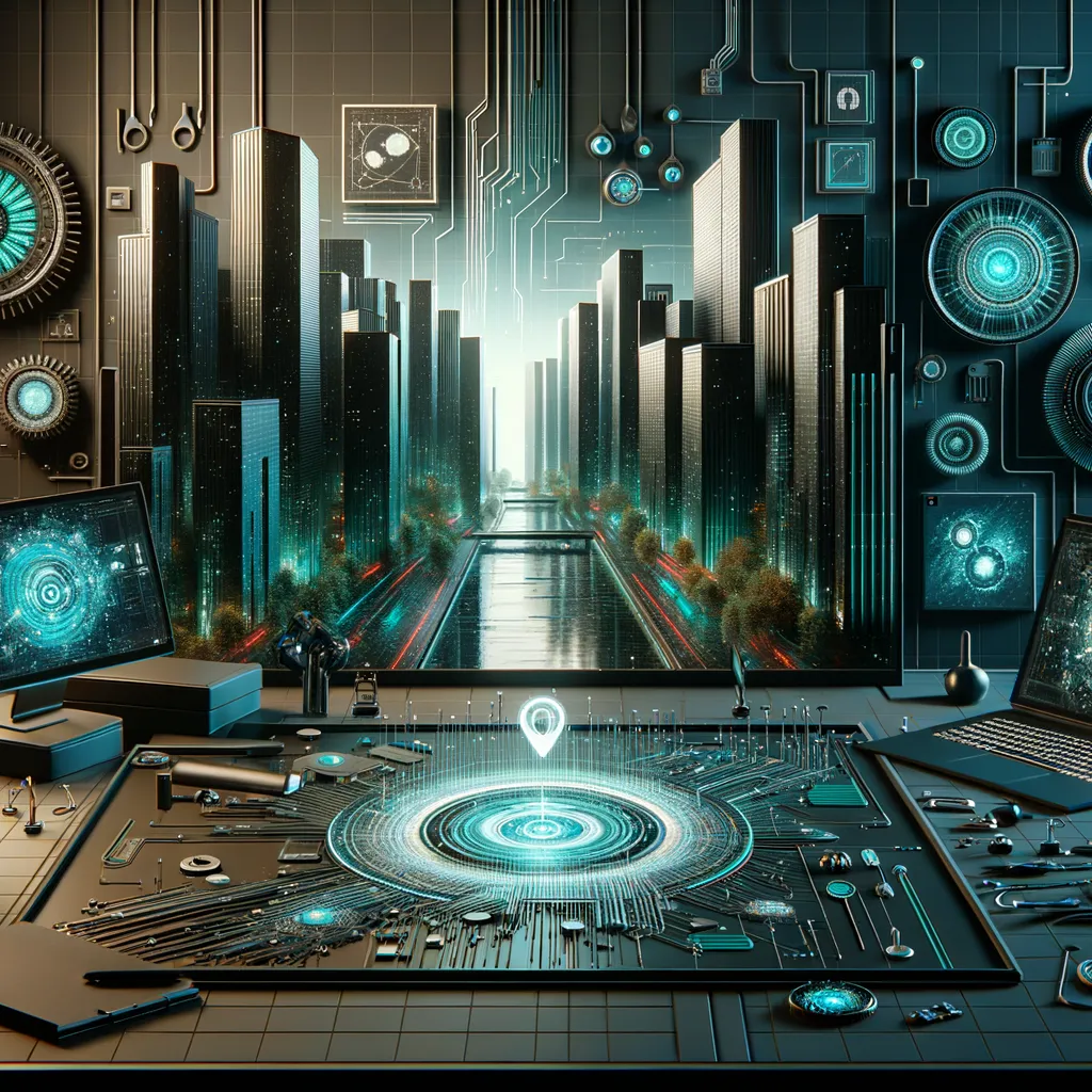 Dark photorealistic workspace gleams teal; diverse users interact seamlessly with accessible, inclusive technology.