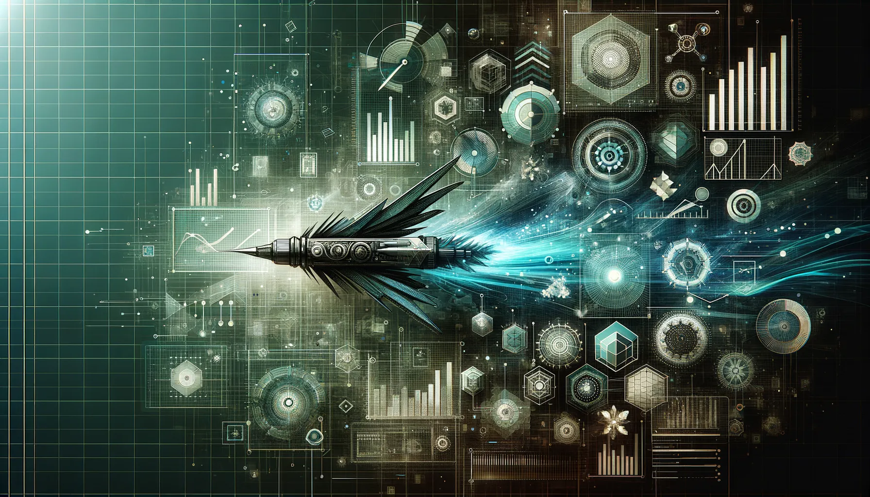 Dark banner displaying intricate teal charts and graphs symbolizing complex data visualization.