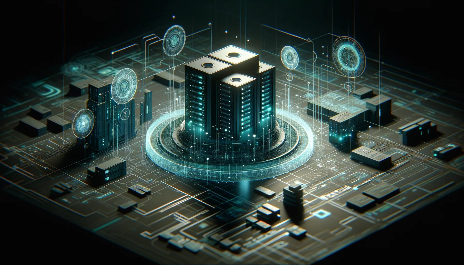 A futuristic network troubleshooting scene with dark tones and teal accent lighting on diagrams.