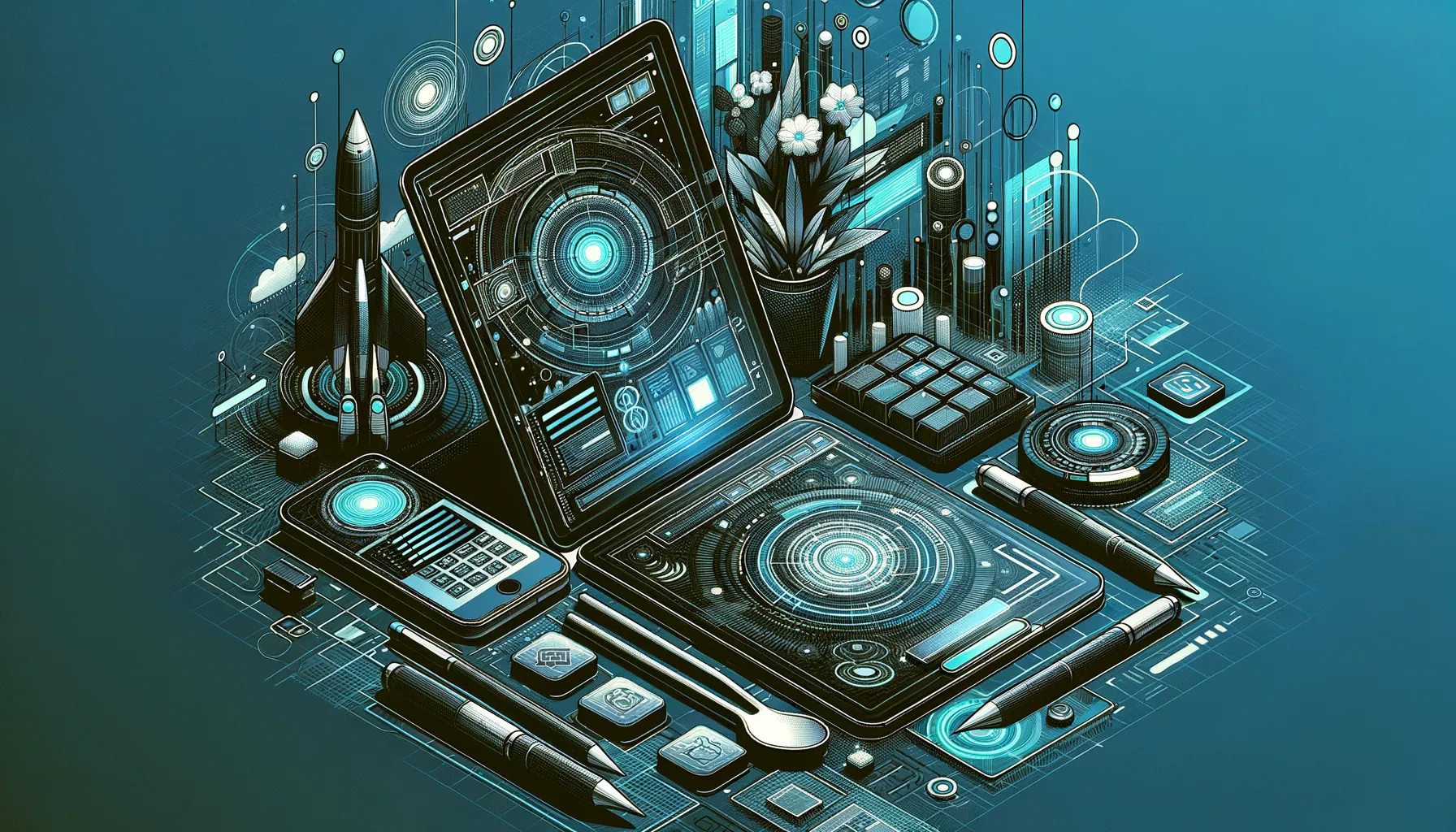 Dark photorealistic tech banner displaying UX wireframing and prototyping interfaces with teal accents.