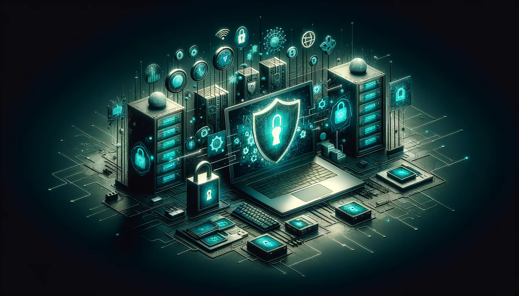 Dark abstract security theme with teal glow, shielded laptop, padlocks, servers, firewall grid.