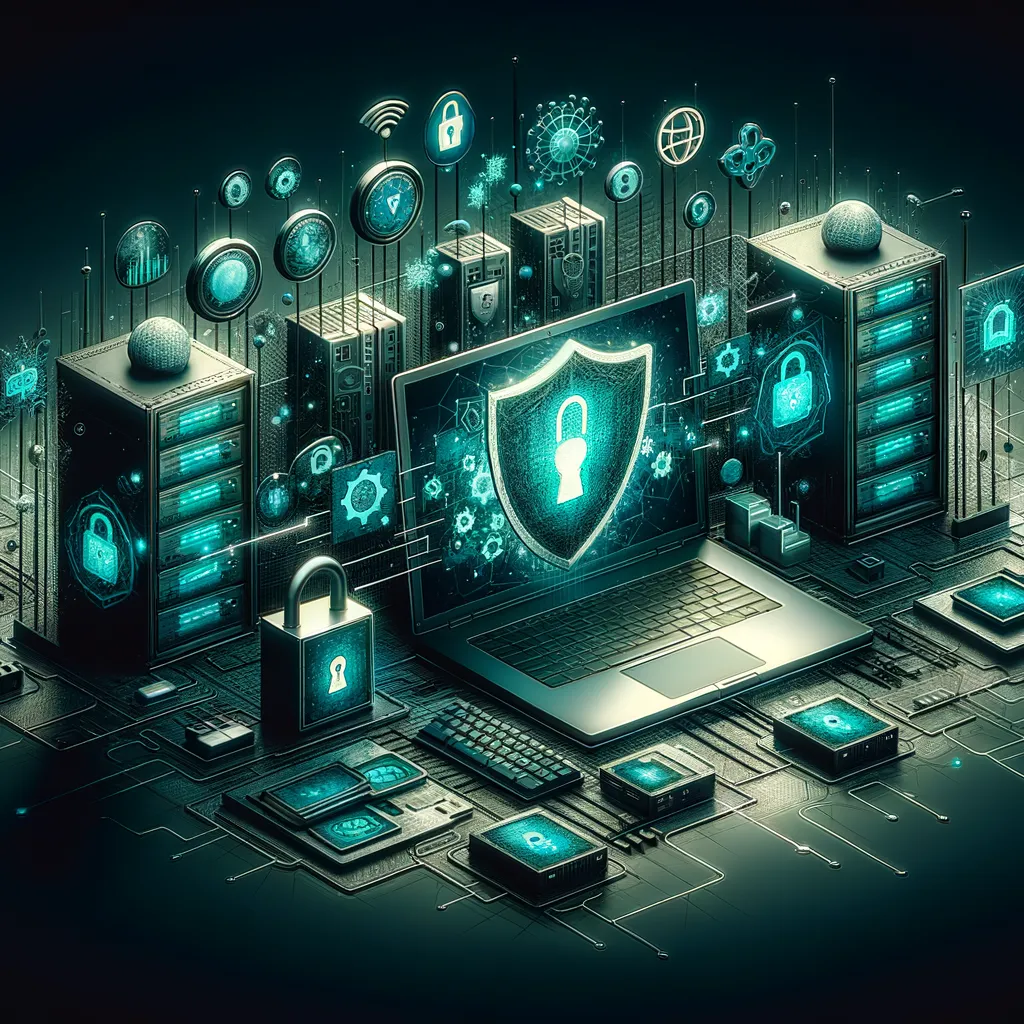 Dark abstract security theme with teal glow, shielded laptop, padlocks, servers, firewall grid.