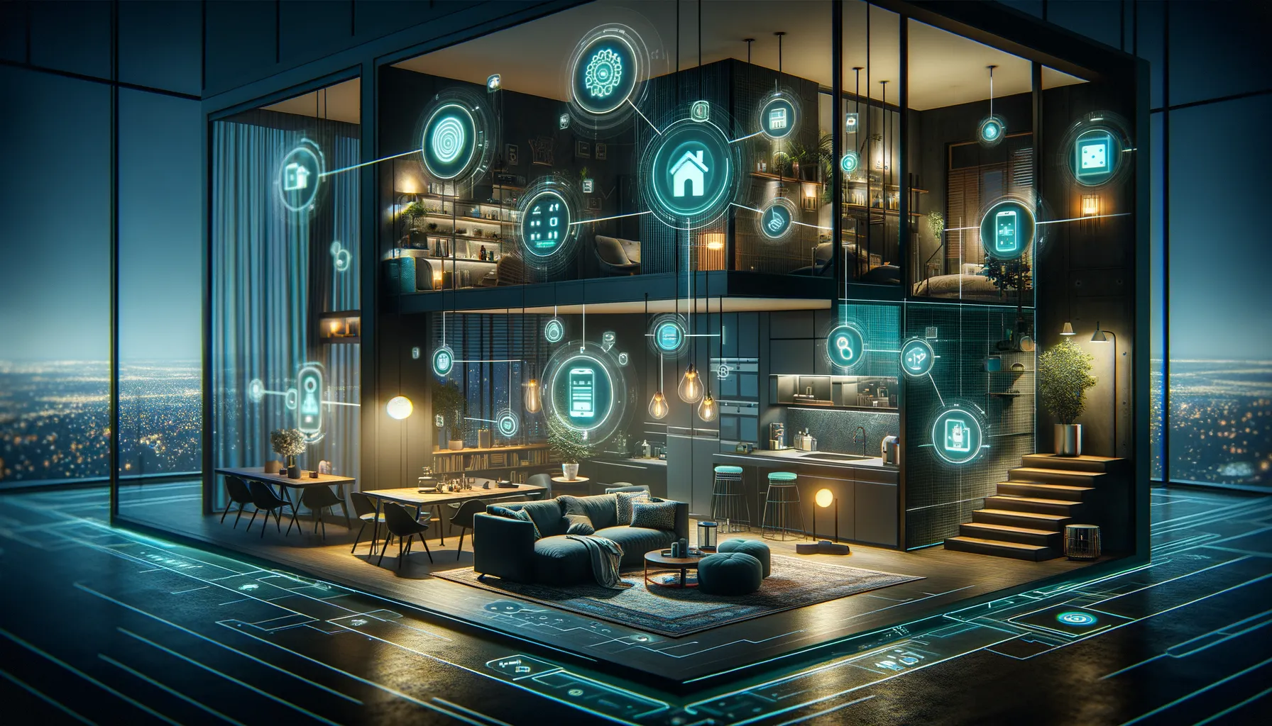 Stylish smart home at night with warm lights and teal smart devices.