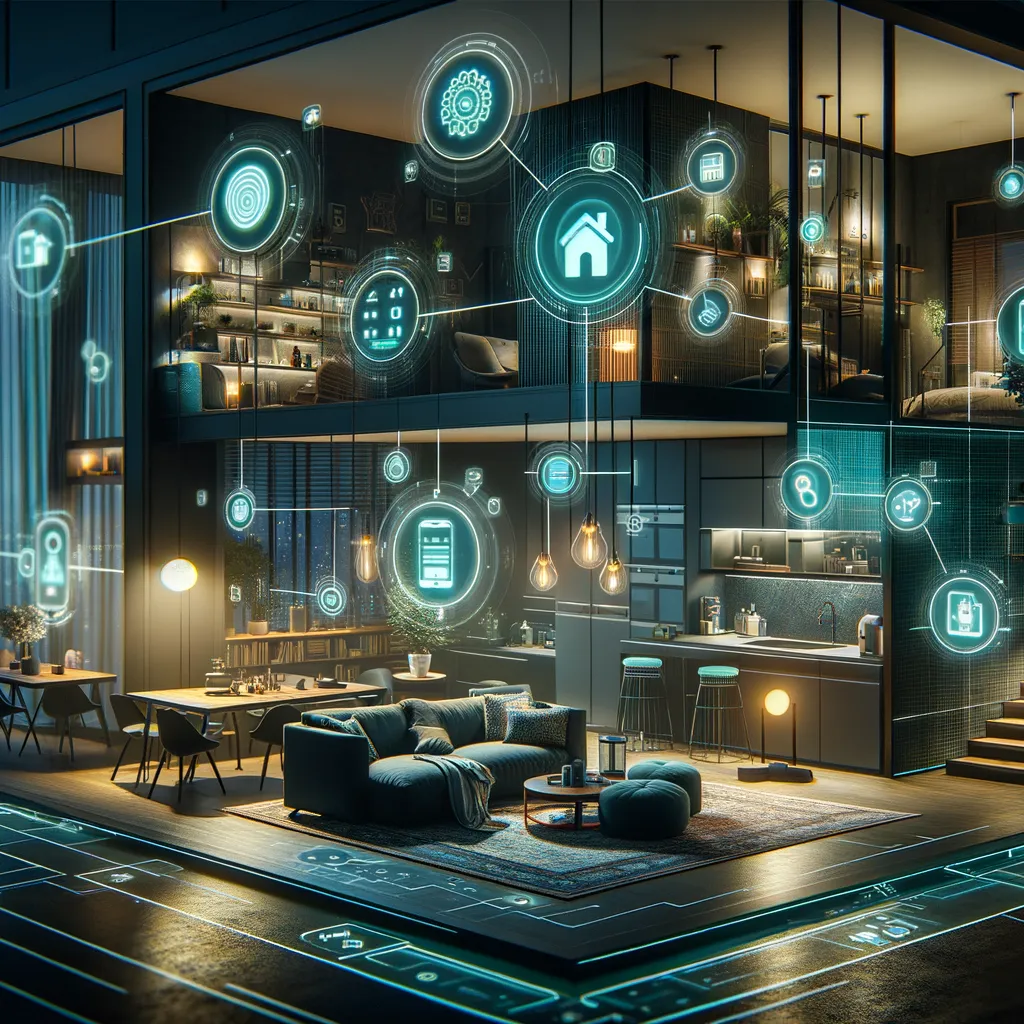 Stylish smart home at night with warm lights and teal smart devices.