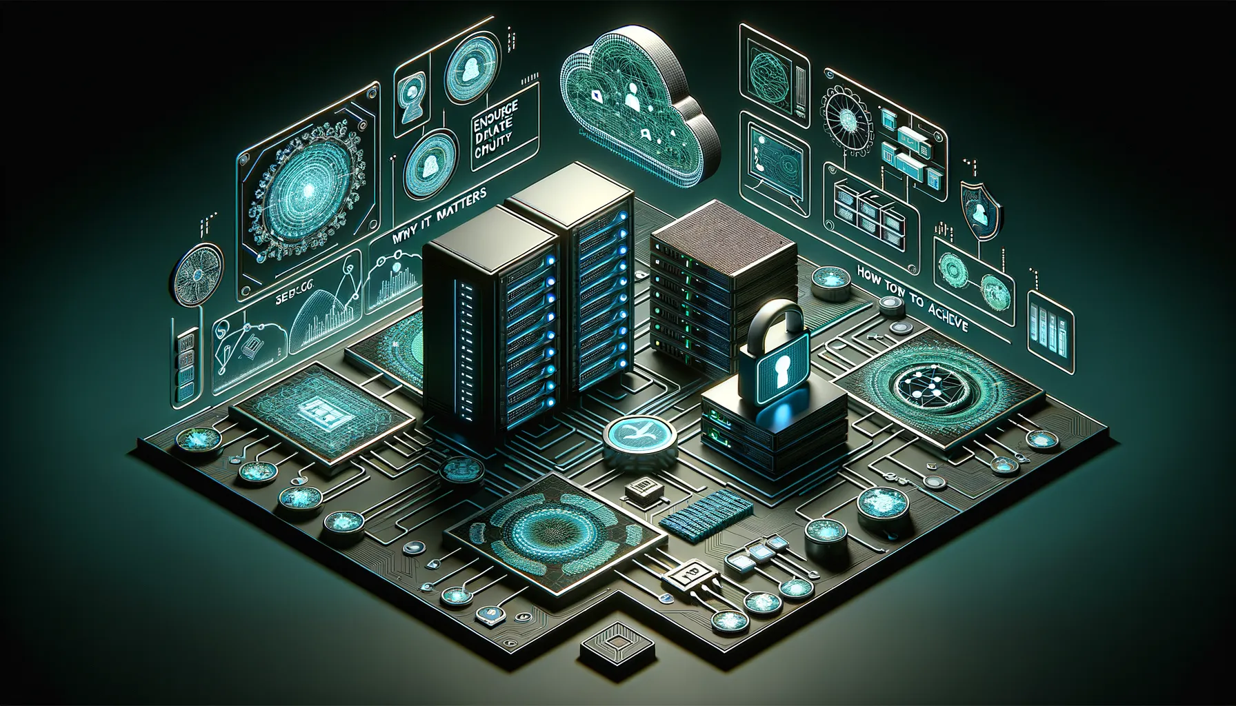 Dark background with servers, data diagrams, and security locks symbolizing data integrity importance.