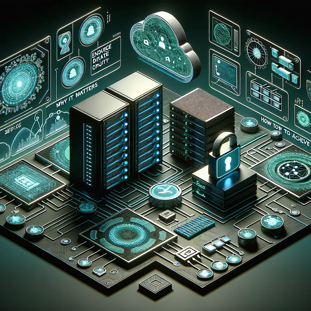 Dark background with servers, data diagrams, and security locks symbolizing data integrity importance.