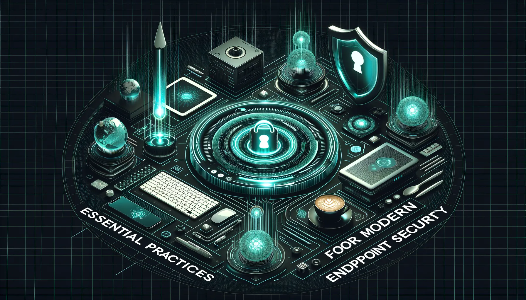 Photorealistic dark tech banner with teal accents illustrating modern endpoint security practices.
