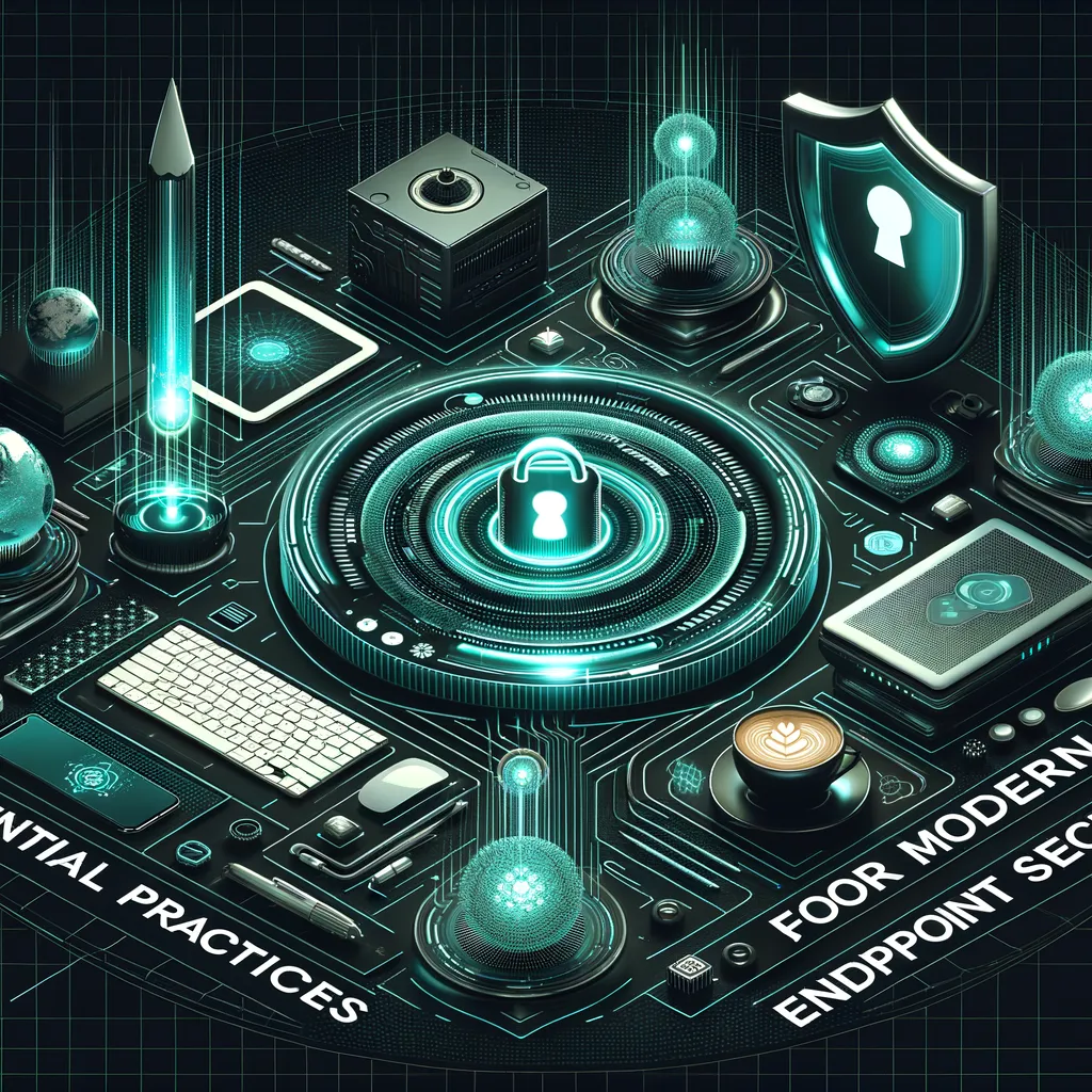Photorealistic dark tech banner with teal accents illustrating modern endpoint security practices.