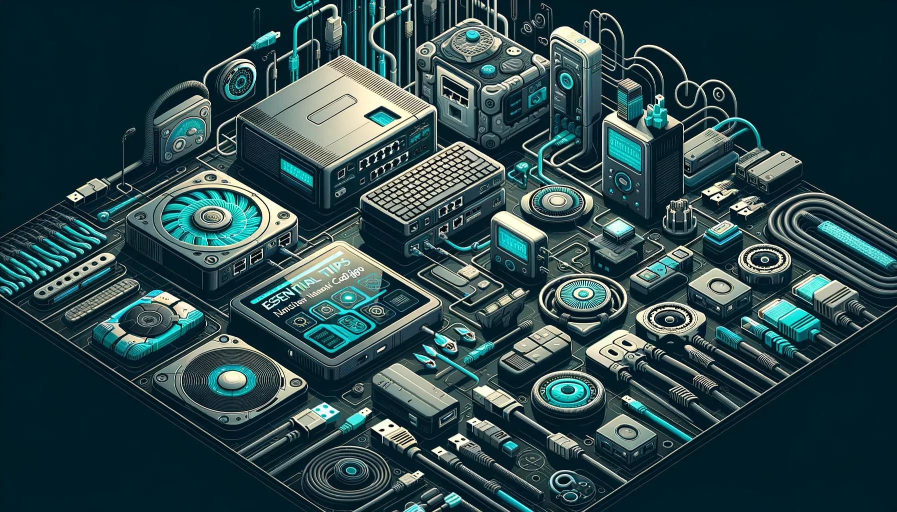 Dark teal tech banner: detailed ethernet cables, routers, ports illustrating efficient network cabling tips.