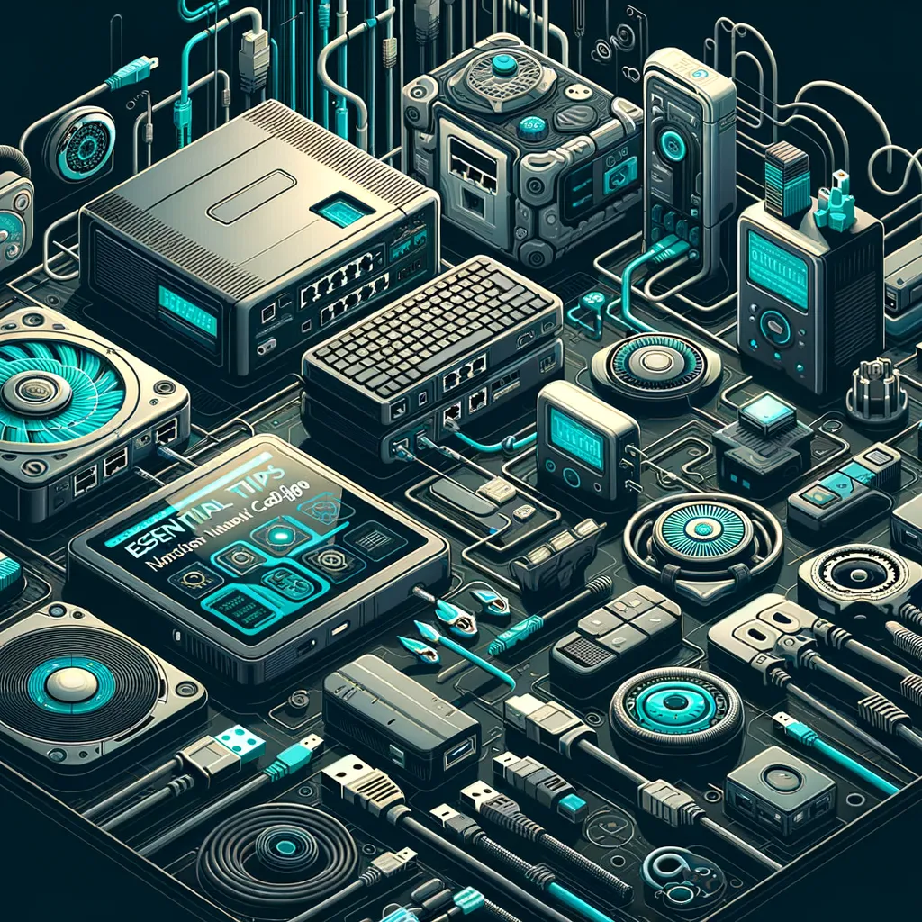 Dark teal tech banner: detailed ethernet cables, routers, ports illustrating efficient network cabling tips.