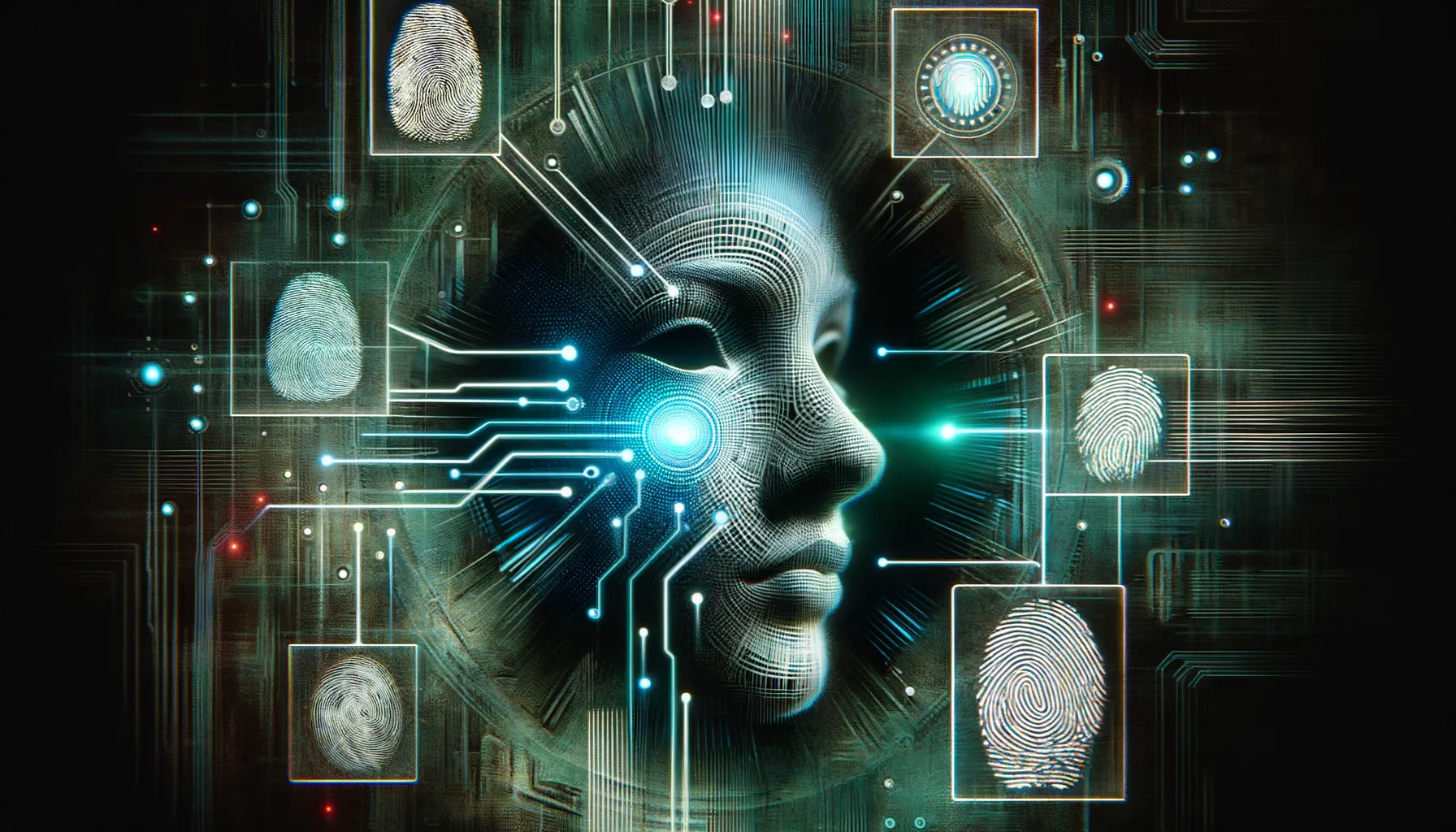 Digital art of fingerprints and facial recognition technology in teal tones for identity management.