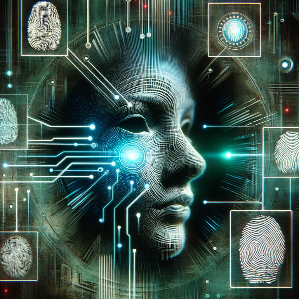 Digital art of fingerprints and facial recognition technology in teal tones for identity management.