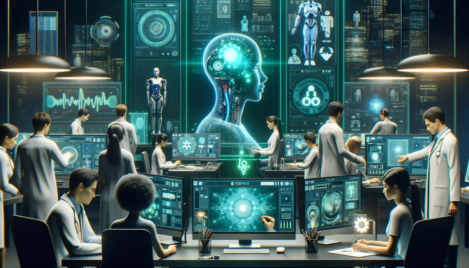 A futuristic healthcare scene depicting diverse individuals interacting with AI technology.