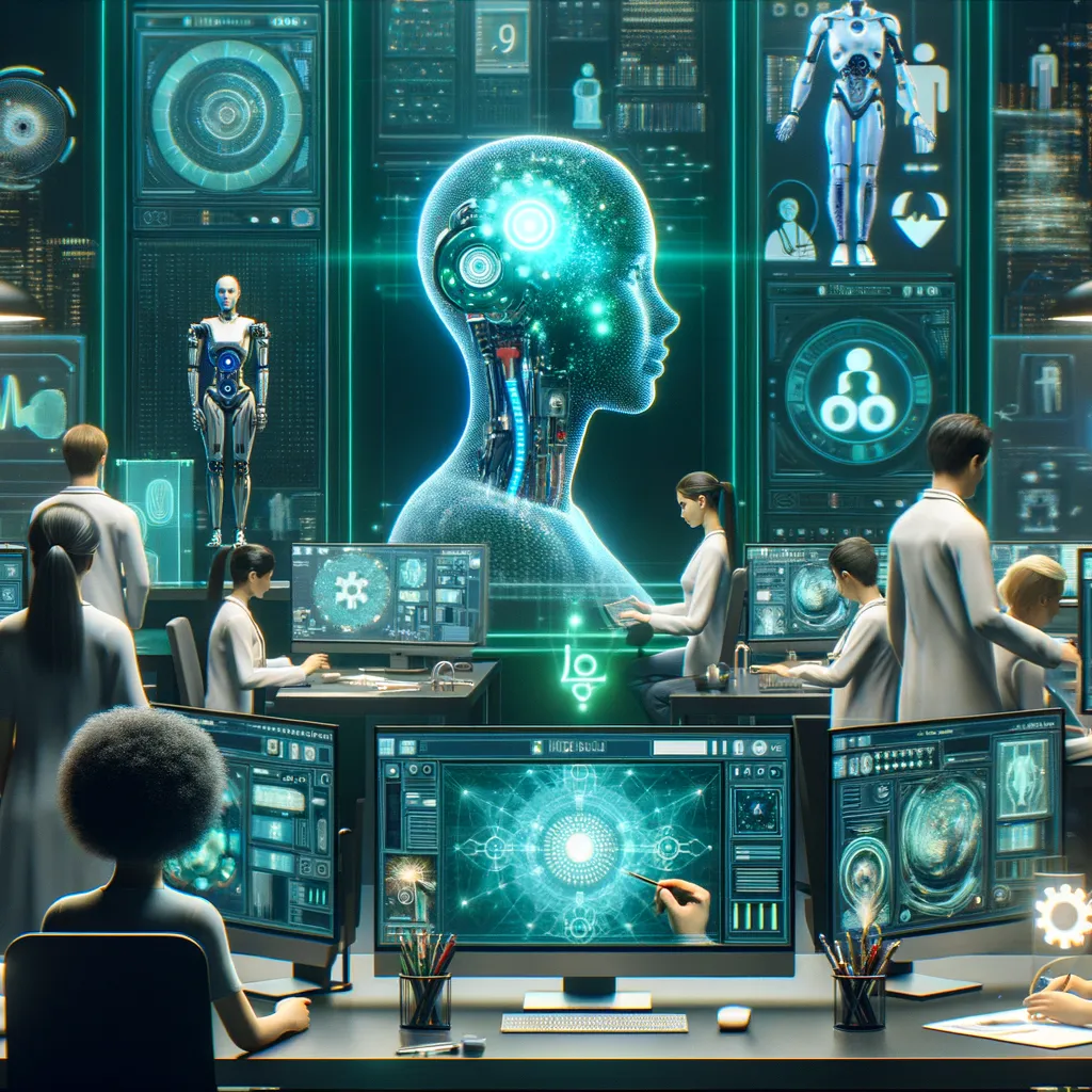 A futuristic healthcare scene depicting diverse individuals interacting with AI technology.