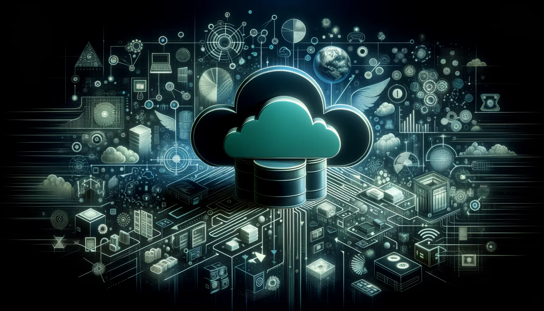 Dark digital art with teal accents symbolizing cloud storage benefits and challenges.