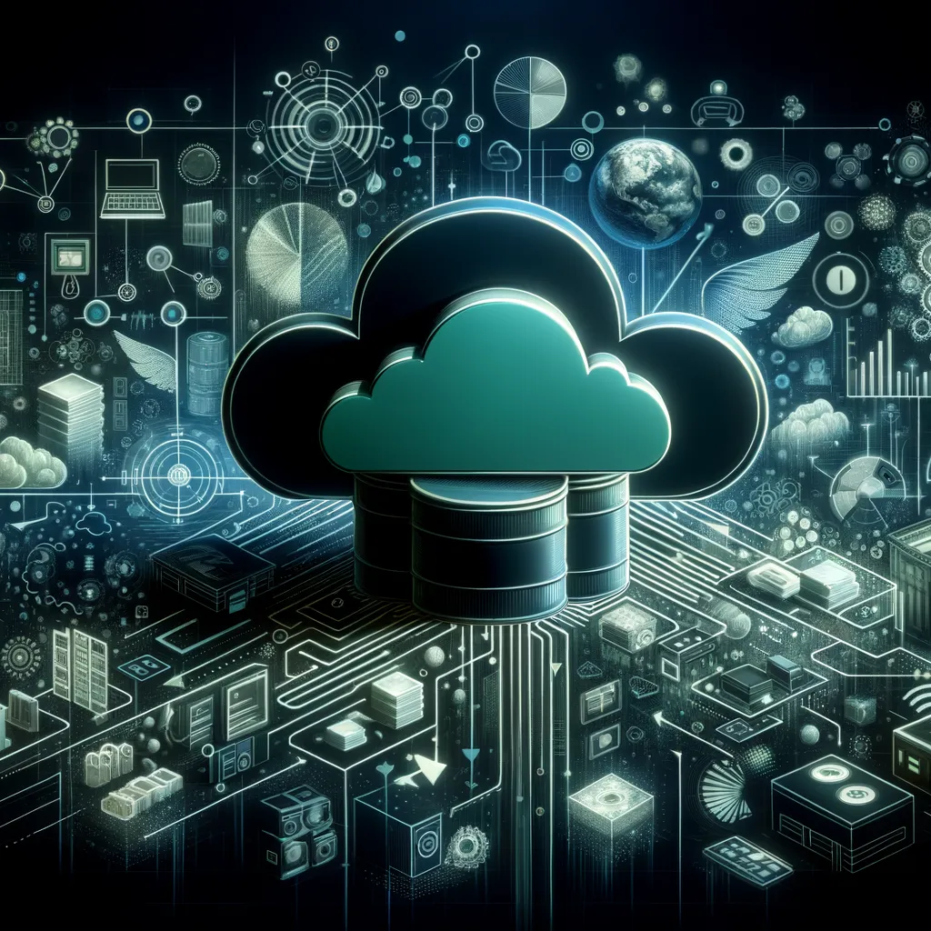 Dark digital art with teal accents symbolizing cloud storage benefits and challenges.